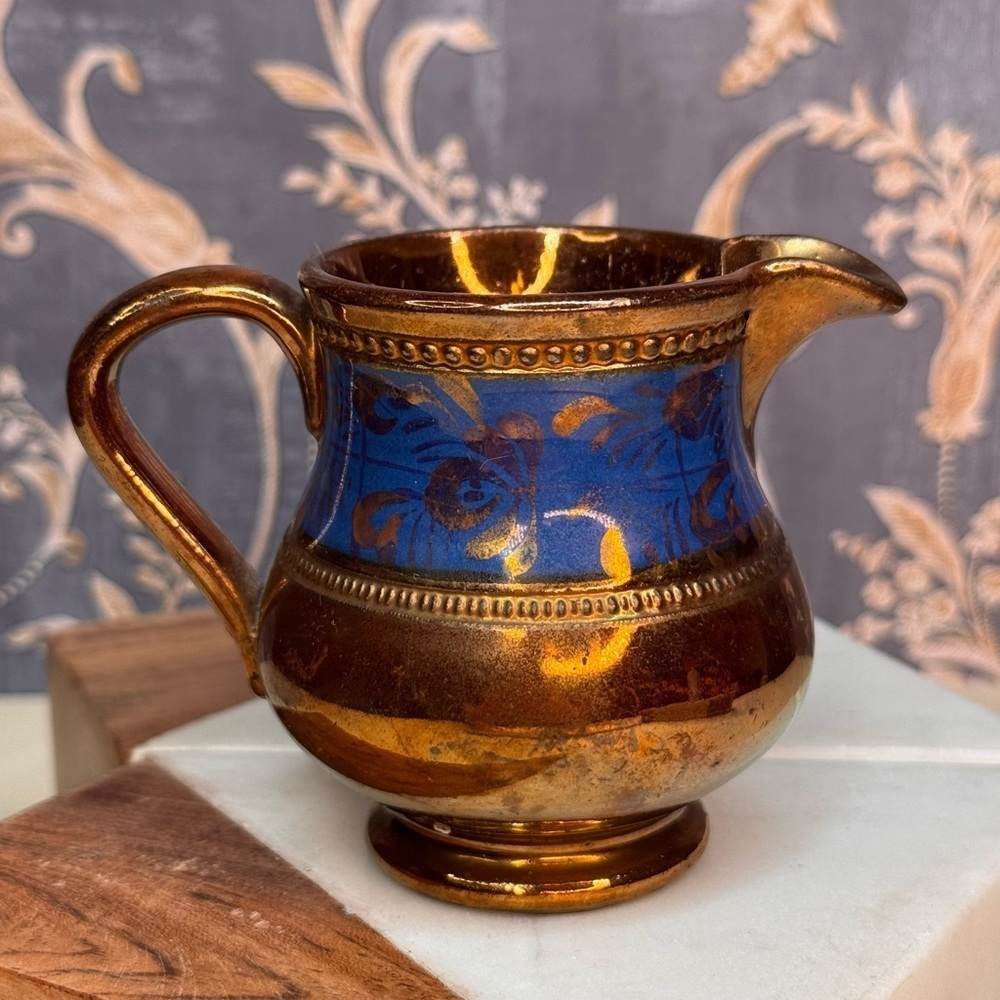 Antique 19th C English Copper Luster Blue Floral Band 3 1/4" Creamer Lot A